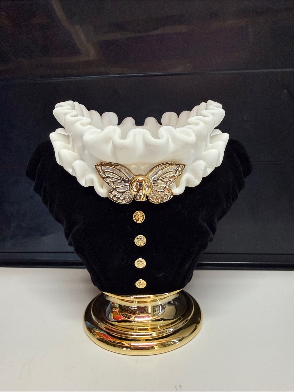 White Ruffled Collar candle holder with Gold Butterfly Accent